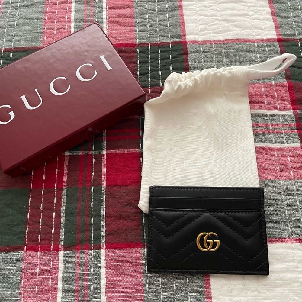 Gucci Card Case Black Quilted Leather GG Card Holder with Gold Hardware